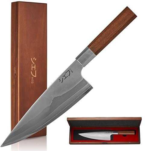 MEG Coltello da chef Gyuto 195 mm forgiato in Damasco a 7 strati, manico esagonale in legno stainless & red wood, certificato per uso professionale, scatola legno acacia ideale come regalo