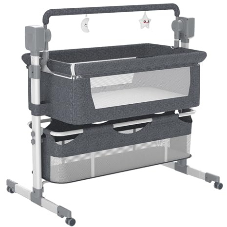 Aveainelle Bluetooth Intelligente Beistellbett Baby, Stubenwagen Baby mit Rollen, Babybett mit Mehreren Gängen und Geschwindigkeitsanpassungen, Das Schaukeln Kann Babybett (Grey)