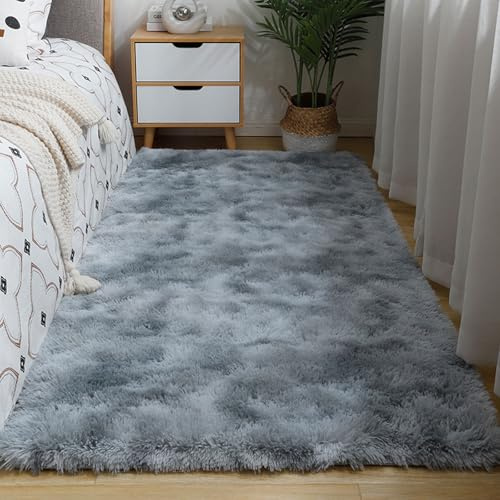 XUEDNGM Schlafzimmer Bettvorleger Teppich 70 x 140 cm Flauschig, Weich, Pflegeleicht, Anti-Rutsch, Waschbar Teppich Wohnzimmer Hochflor Langflor für Wohnzimmer, Schlafzimmer, Wasser Grau