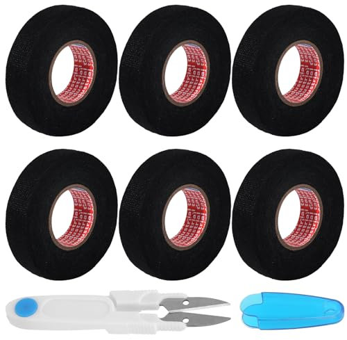 6 Rolls Wiring Harness Tape,Fabric Tape,Cloth Tape Comes With Scissors,Heat-Resistant, Insulating, Strong Adhesion, Cable Tape for Cars, Motorcycles, Cable Fixing, Small Insulation Work(19 mm x 15 m)