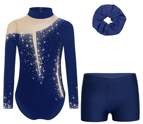 ranrann Enfant Fille Ensemble de Gymnastique Justaucorps Strass et Short avec Chouchou Tenue Patinage Artistique Danse B Bleu Marine 9-10 ans