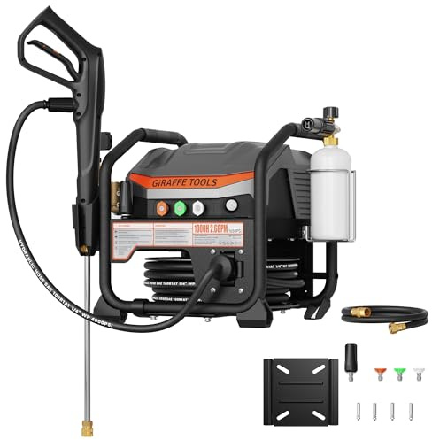 Giraffe Tools Crossfalls Retractable Pressure Washer Ultra, 2.6 GPM Heavy-Duty Flow, Wall-Mounted, Electric Power Washer for Car Detailing, Patio and Other Cleaning, 50ft