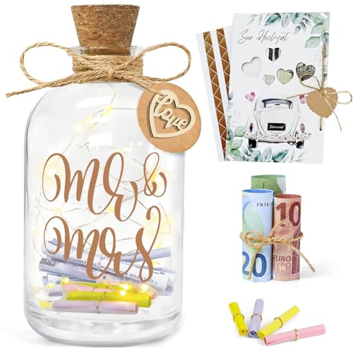 Joellfuner LED Flaschenlicht Hochzeit, Geldgeschenke Verpackungen mit Hochzeitskarte, Hochzeitsgeschenke Geld für Brautpaar, Hochzeit Spardose Personalisiert für Frisch Verliebte (Auto)