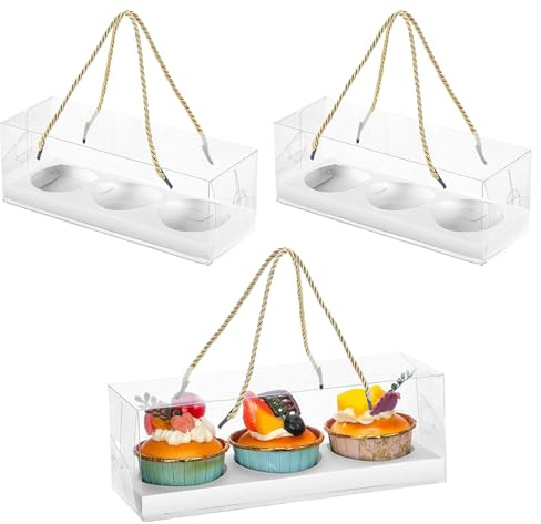 10 Pieces Clear Cupcake Boxes 22.5x7.8x7.8 cm 3 Hole Cupcake Packaging Box | PET Plastic,Transparent Rectangle Cupcake Boxes,with Handle,Halloween Christmas Cake Box,for Birthday Wedding Party Cake Shop