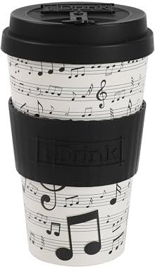 I-TOTAL IDRINK® - RPET Coffee Mug with openable Silicone Cap, Easy to Carry 435ml, Recycled Plastic Takeaway Mug 8.7 x 8.7 x 15cm Ergonomic 435ml (Music)