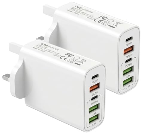 JINHENDS 65W USB C Plug, 5-Port Multi Fast Charger Plug UK, 2-Port PD Power Adapter + QC Wall Charger C Charging Plug for iPhone 16 15 14 13 12 11 Pro Max XS XR SE, iPad, AirPods (2 PCS,White)