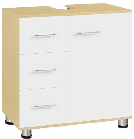 EUGAD Mobile Bagno Sottolavabo, Armadio con 3 Cassetti e 2 Scomparti, Mobiletto Bagno con Foro per Sifone, in Legno Ingegnerizzato, Stile Nordico, Bianco+rovere chiaro, 60x30x60 cm