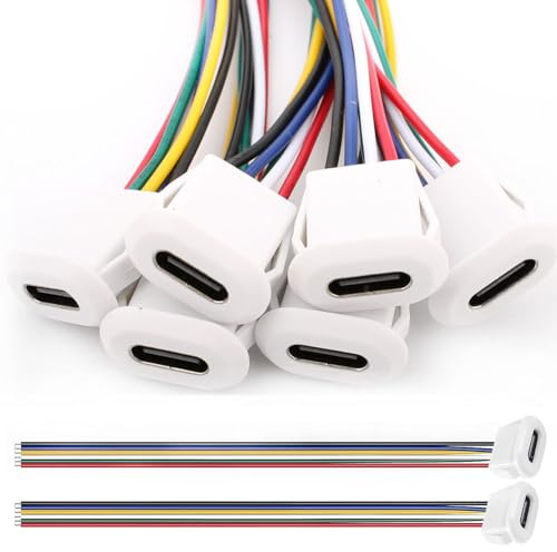 RUNCCI-YUN 6 Pièces connecteur USB C a souder prise femelle,USB C 6 Fils femelle connecteur panneau avec Boucle à Rainure à Pression,150mm 24 AWG, Blanc