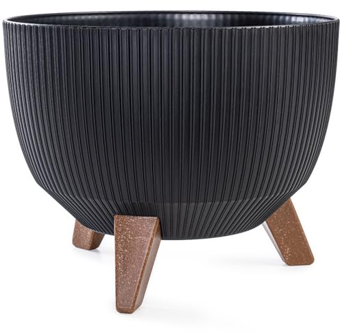 KONZEPT Pflanzschale Groß 29cm Schwarz, Blumentopf mit Füßen, wetterfest & UV-beständig, mit Wasserabfluss-Einsatz, Übertopf für Innen & Außen