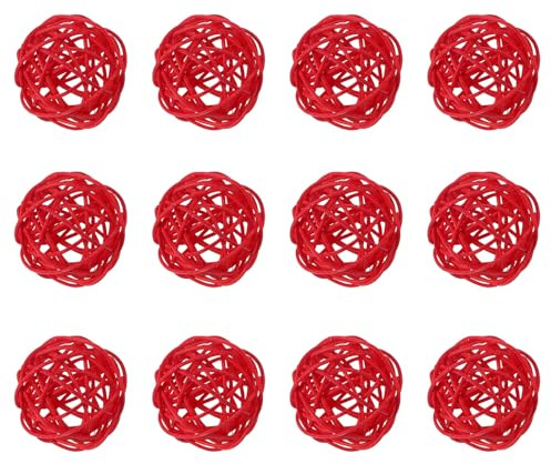 QUARKZMAN Rattan Deko Kugeln 50mm Dekokugel Wicker Rattan Ball Rot 12 Stück | Wellensittich Spielzeug Vogelspielzeug Hochzeitsfeier Mittelstücke Hausdekoration Vasenfüller Tischdekoration Wohnaccessoires