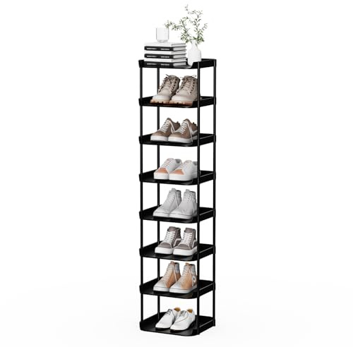 Altdnmaf 8 Ebenen Schmal Schuhregal, Mehrschichtiges Hoch Schuhregale Platzsparend, Stapelbar Klein Standregal, Vertikales Plastik Regal, Shoe Rack für Treppe, Flur, Küche, Schlafzimmer, Schwarz