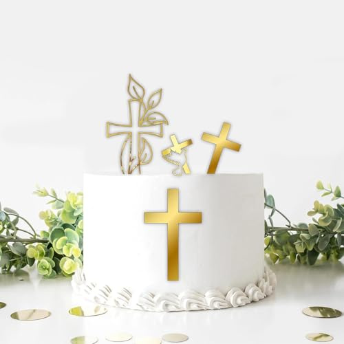 5Pcs Tortendeko Taufe,Kommunion Cupcake,Kreuz Cake Topper Taufe Tortendeko Junge Mädchen,cake topper taufe deko,Acryl Gold Torte Deko,Fisch Kommunion Cupcake Topper für Babyshower Kuchen Dekoration
