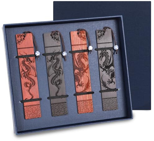 Shejdgart Lesezeichen aus Holz mit Drachen – 4 fantastische Drachen-Lesezeichen, Geschenke, coole Flügel, Buchzubehör für Buchliebhaber, Bücherwurm, Nerds, Halloween, Erntedankfest