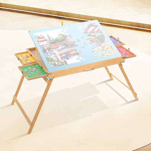 Adjustable Puzzle Table with Drawers Foldable 1500-Piece Jigsaw Table (25x34) | Wooden Puzzle Board with Legs & Protective Cover for Adults