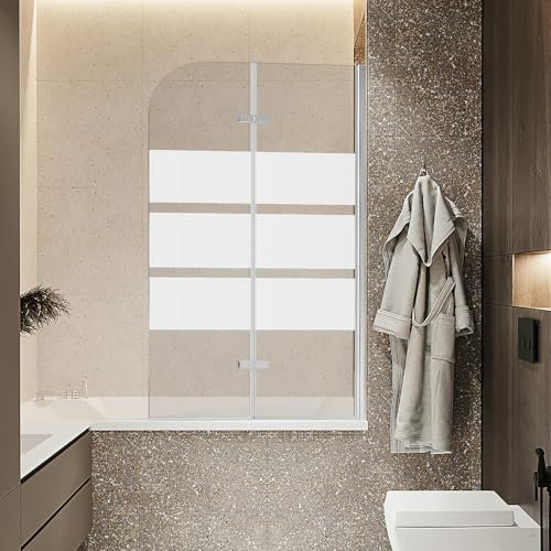 Vkechh Pannello doccia pieghevole per vasca da bagno, 100 x 140 cm, 2 pezzi, per vasca da bagno, doccia con vetro di sicurezza EGS da 6 mm, striscia bianca