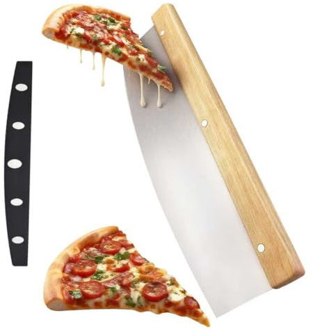 Frutilexia Pizzaschneider, 32.2cm Pizzamesser Wiegemesser, Premium Pizza Wiegemesser aus Edelstahl, Pizza Cutter mit Holzgriff, Effektiver als Pizzaroller, Schnelles und Gleichmäßiges Schneiden