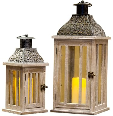 EME Set Farolillos De Madera y Cristal Marrón con Toque Envejecido. Tamaño Mediano Y Pequeño. Farol De Estilo Árabe. Ideal para Decoración En Eventos.