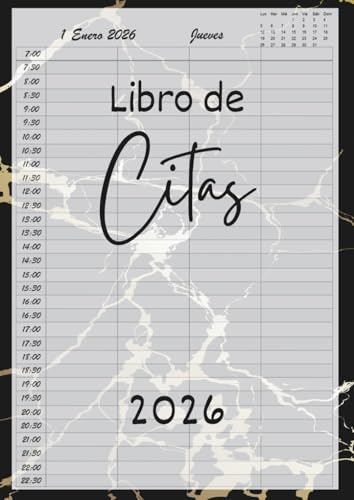 Libro de Citas 2026: Agenda para peluquería y estilistas, Planificador Horario de 7:00 a 22:30, día por página con fechas y horas, 4 Empleados ... | 12 meses, y Calendario de Mes Corriente A4