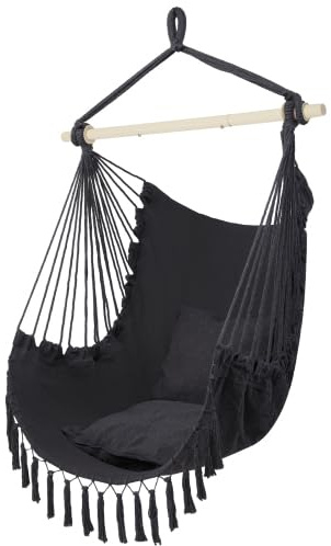 LEADZM Hängesessel Outdoor - Baumwolle mit 2 Kissen, Tragkraft 100 kg, hängestuhl für Garten Balkon Terrasse - Elegantes Design mit Quasten - 80 x 120 cm, Dunkelgrau