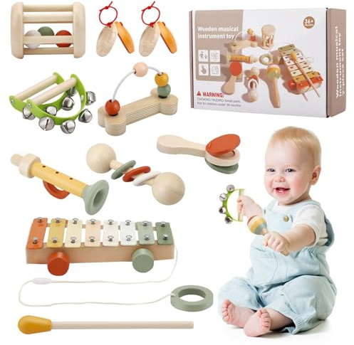 Instrument De Musique Bebe,En Bois,11 In 1 Jouet Instrument De Musique Bébé Montessori,Comprenant Xylophone,Instrument De Percussion,Anneau À Main,Souffleur,Instruments De Musique Pour Enfants De 1 An