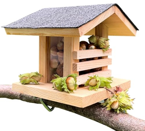 Eichhörnchen Futterhaus aus Holz für Balkon oder Baum wetterfestes Futterhaus für Eichhörnchen mit Haselnüssen und Eicheln stabiles Eichhörnchenhaus für Garten & Terrasse Made in EU (Balkon)
