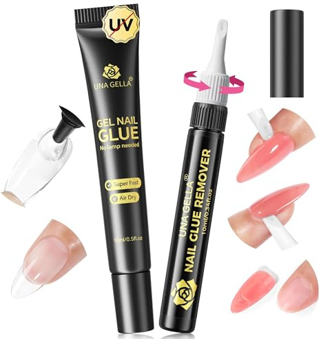 UNA GELLA 15 ml semi solid nagellim med 10 ml borttagare för press-on-naglar. Ingen lampa krävs starkt nagellim med 2-i-1 akrylnagelborttagare hållbart konstnagelset
