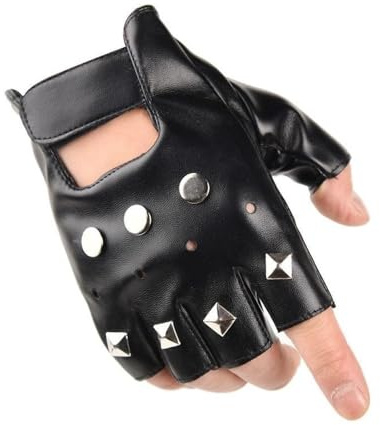 SCTTJSIXZ Guanti da motociclista T Stage da uomo con rivetti mezze di PU Cosplay da passerella Moda Punk Stage Hip-Hop(Pusevennailsblack)
