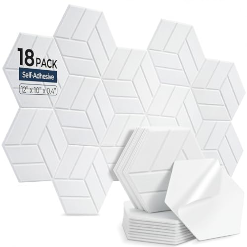 AUSLET 18 Pack Hexagon Acoustic Panels Self-Adhesive, 30x26x0.9cm High Density Sound Absorbing Panels for Walls, Soundproofing Foam Panels for Studio, Home Office, Gaming Room, Recording Room（White）