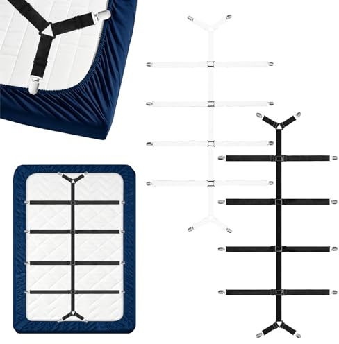 KATLINNA Bettlakenspanner Verstellbar 2 Stück Spannbettlaken Spanner | Elastische Befestigung Bettlaken mit 12 Metallklammern für Bettwäsche Tischtücher Matratzen und Sofabezüge(Schwarz, weiß)