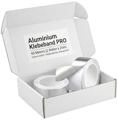 WEIKAXIMU Ruban Adhésif Aluminium Autocollant Résistant à la Chaleur (2 Rouleaux x 25m) – Scotch Alu Renforcé Fibre de Verre pour Chauffage, Tuyau, Voiture, Climatisation & Étanchéité – 50m
