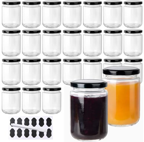 YBCPACK Pots de Confiture en Verre 350ml – Lot de 24 Bocaux Hermétiques avec 24 Étiquettes et Marqueur – Idéal pour Pickles, Confiture Maison, Miel et Conservation