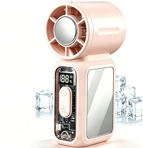 Handventilator Akku Aufladbar Ventilator Hands mit Eis Kühlung & 199 Stufen, Portable Hand Ventilatoren Mini Hand Ventilator - LED, 3600mAh, 17000U/min Starker Wind, für Gesicht, Reise, Make-up (Rosa)