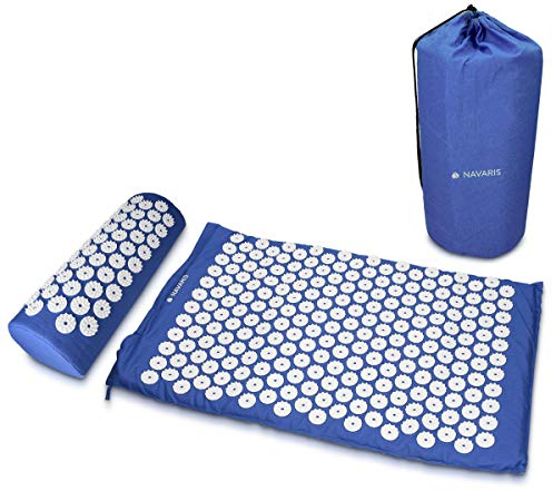 Navaris 2in1 Akupressur Massage Set - Akupressurmatte und Kissen mit Tasche - Akupressur Matte und Kopfkissen - Nadelmatte Blau