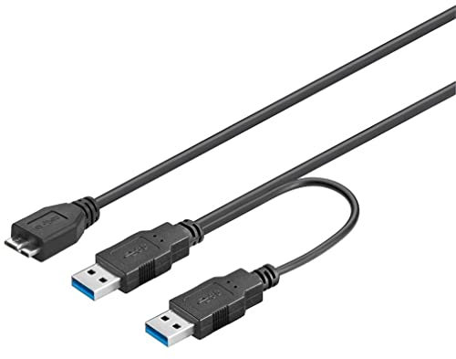 PremiumCord Cavo di Alimentazione USB 3.0 a Y, da Micro USB B Maschio a 2X USB A Maschio, Cavo Dati Superspeed Fino a 5 Gbit/s, Colore Nero, Lunghezza 0,5m