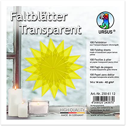 URSUS 2506112 Faltblätter aus gelbem Transparentpapier, ca. 14 x 14 cm, 42 g/m², 100 Blatt, zum Falten von transparent schimmernden Figuren, bunt