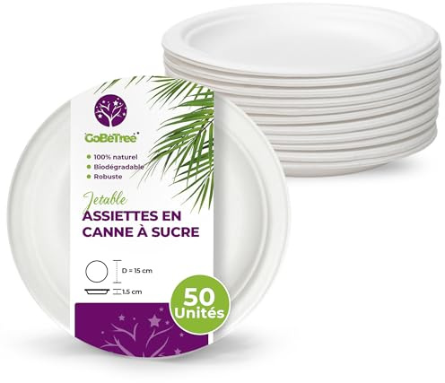 GoBeTree 50 platos desechables de caña de azúcar redondos de 15 cm blancos. Platos papel desechables extrafuertes, Para camping, picnic, fiestas, barbacoas, cumpleaños.