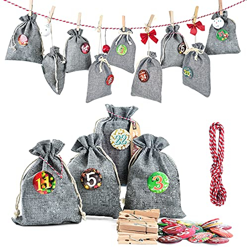 Adventskalender zum Befüllen, Weihnachtskalender Jutesäckchen zum Selberfüllen, 24 Geschenksäckchen Kette zum selber befüllbar und Aufhängen (Grau, 13 x 17 cm)