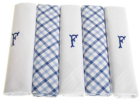 Surf the Shop Paquete de 5 pañuelos blancos bordados con inicial para hombre con borde de satén y cuadros azules, varias letras, f, 5 Pack De