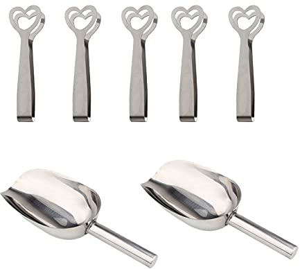 Hoshisea 5 Stücke Zuckerzange und 2 Stücke Eisschaufel, Edelstahl Eiszange Set, Love Heart Zuckerzange, Servierzange für Süßigkeiten, Eiswürfel, Salate und Pasta für Hochzeiten, Partys, Bars