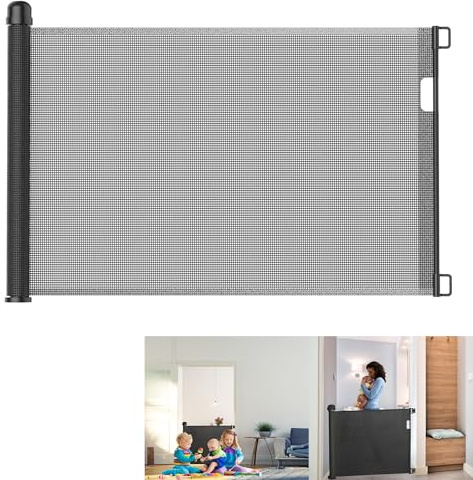 YRHome Rejilla de protección para puerta, estor de 0 a 150 cm, rejilla de protección para escaleras, puerta retráctil para perros y bebés, extensible (150 cm), color negro