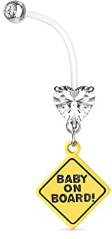 Paula & Fritz® Bauch-nabelpiercing Schwangerschafts-Piercing Schild Baby ON Board Herz Zirkonia Klar Bio Flexibler Stab Bauch-Piercing