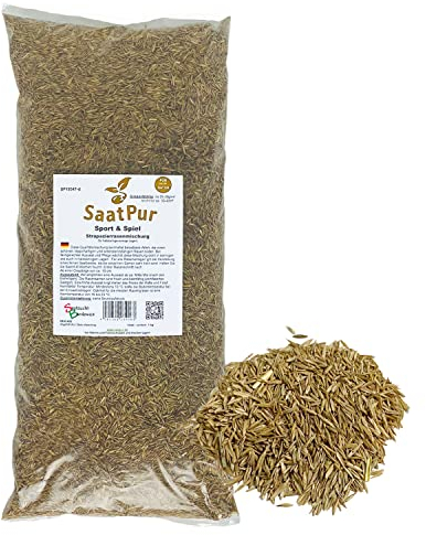 SaatPur® Rasensamen Sport und Spielrasen 1kg für ca. 40 m², Mehrjährige Rasenmischung aus mehreren Rasenarten, meistens 4 bis 5, satt grün, schnellkeimend, sehr strapazierfähig, Neusaat und Nachsaat