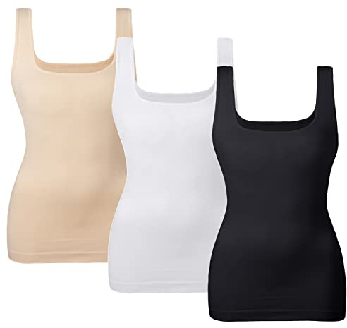 EUYZOU Women's 3PK Tummy Control Shapewear Tank Tops Seamless Square Neck Compression Tops Slimming Body Shaper Camisole-Black/White/Nude M