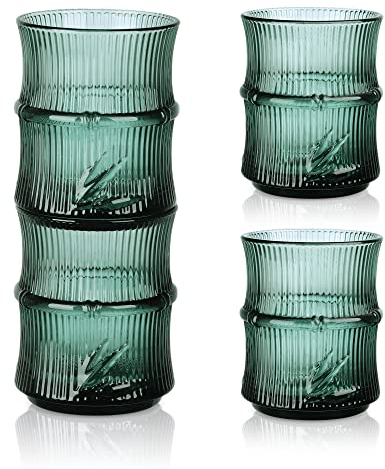 Joeyan Lot de 4 petites tasses à eau et jus de fruits, verrerie de cuisine côtelée, verres à boire en relief verts, verres empilables décoratifs en bambou, passent au lave-vaisselle, 8,5 g