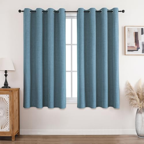 CUCRAF 100% Verdunkelungsvorhänge mit Ösen, Sonnenschutz, Thermo-Leinen-Ösenvorhänge für Wohnzimmer, Schlafzimmer, Himmelblau, H 137x B 117 cm, 2er Set