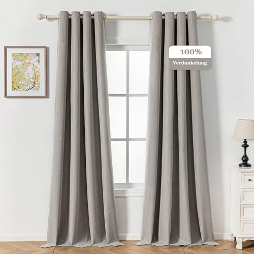 MYSKY HOME Gardine Leinenoptik Blickdichte Vorhänge mit Ösen Wohnzimmer Verdunkelungsvorhang Thermo Gardinen Hitzeschutz Wärmeisolierend,Leinen,2er Set H 260 x B 140 cm.