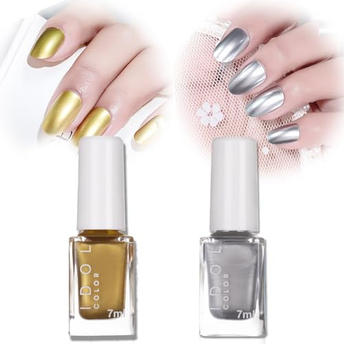 Mirror Nail Varnish-Metal Gold Silver Nail Polish-Metallic Mirror Effect Nail Polish Set - Long Lasting Quick Drying No UV Needed Non-Peelable Christmas (Gold Silver, 1)