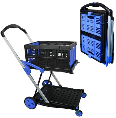 APOXCON Folding Shopping Cart, Two Tier Collapsible Trolley With One Crate, Heavy Duty Cart with Universal wheel Multi Purpose Folding Transport Trolley for Office, Shopping and Picnics