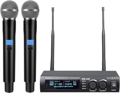 innopow Wireless Microphone System, Dual UHF Metal Cordless Mic Set, Long Distance 150-200Ft,16 Hours Continuous, Fixed Frequency, Use for Karaoke Singing, Family Party,Church …