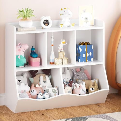 HAUSPROFI Spielzeugregal Kinderregal mit 5 Fächern Bücherregal Kinder und Spielzeugregal 2-in-1,Kinderzimmer Aufbewahrungsregal Spielzeug Aufbewahrung für Kinderspielzimmer Flur Kindergarten Schule